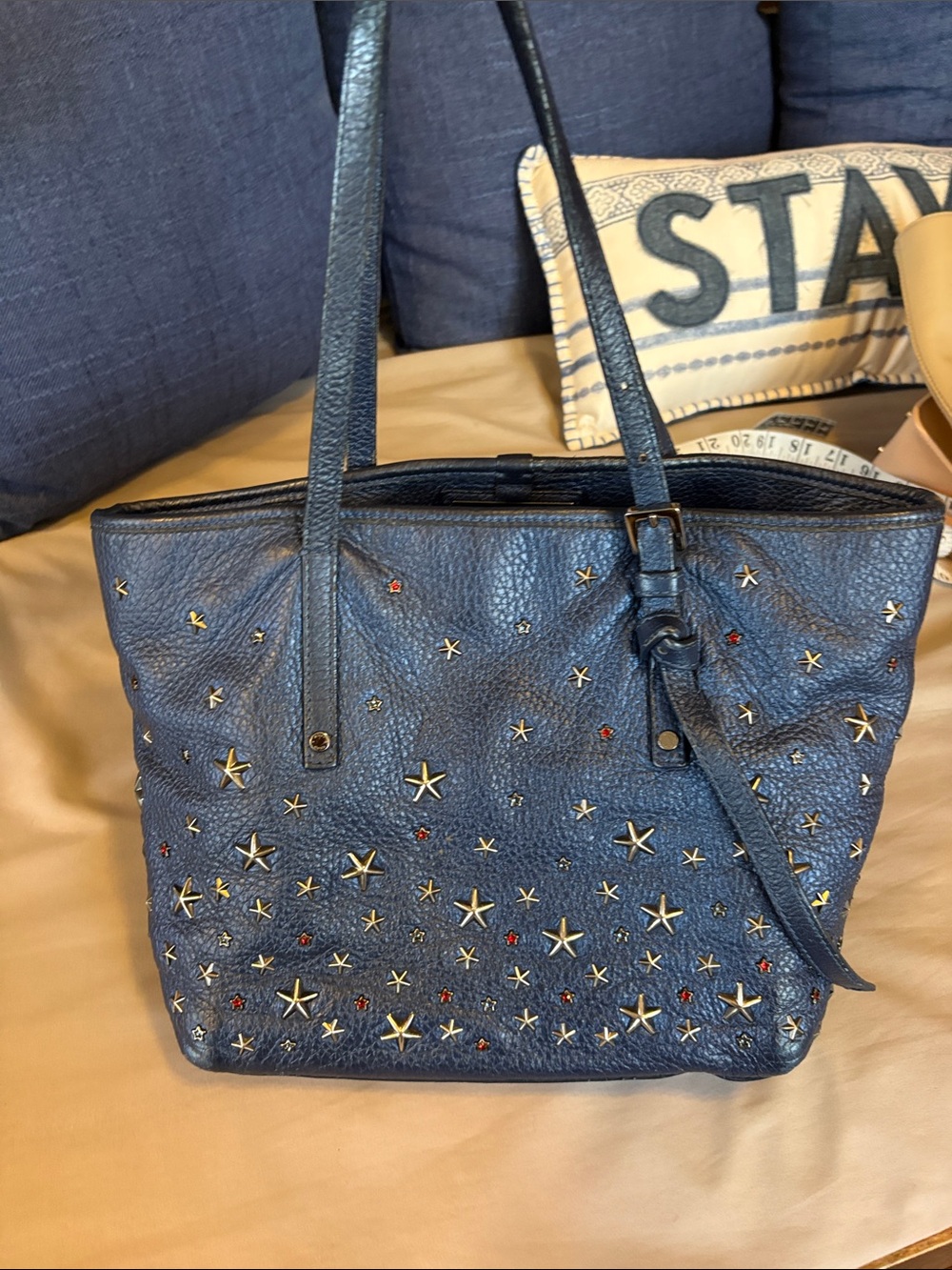 RARE Jimmy Choo Pebbled Navy Leather StarStud Shoulder Bag Red Jewel Star accent - Picture 2 of 16
